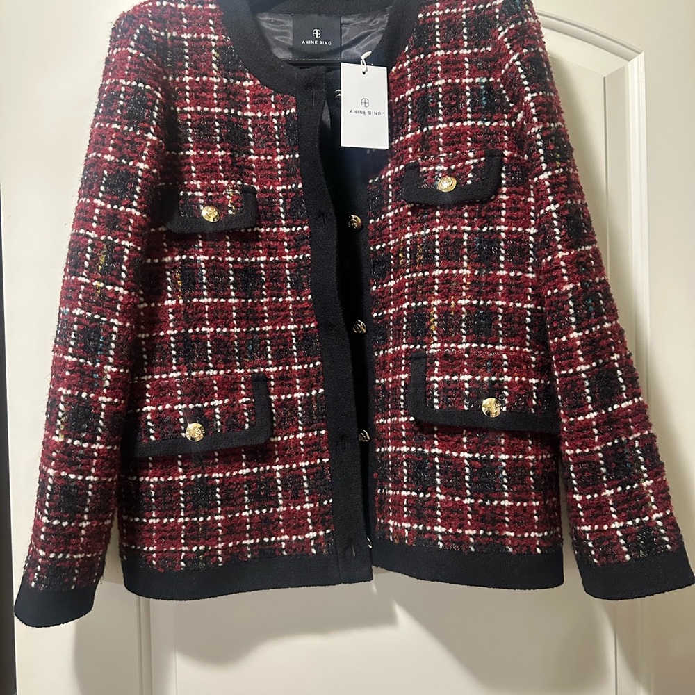 Anine Bing Red and Black Plaid Tweed Blazer